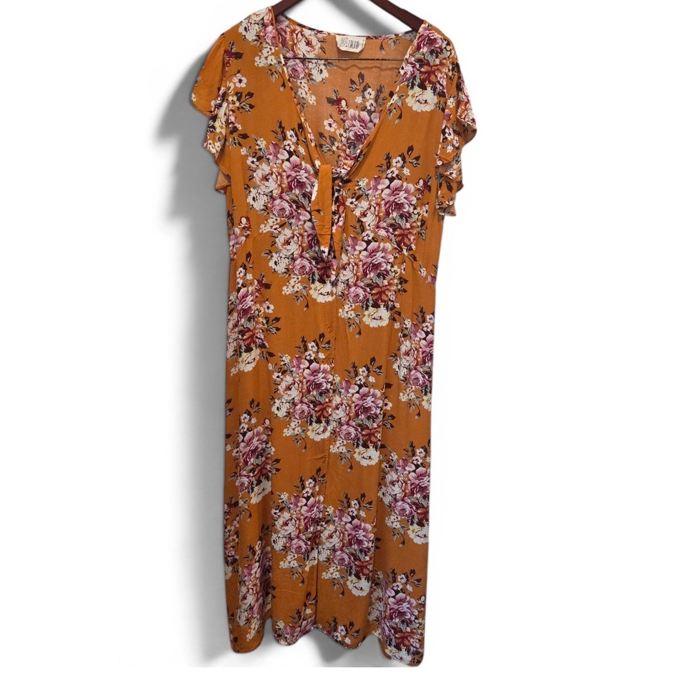 Just Found Maxi Dress Rayon Floral Tie Front Relaxed Orange Boho Summer 3X